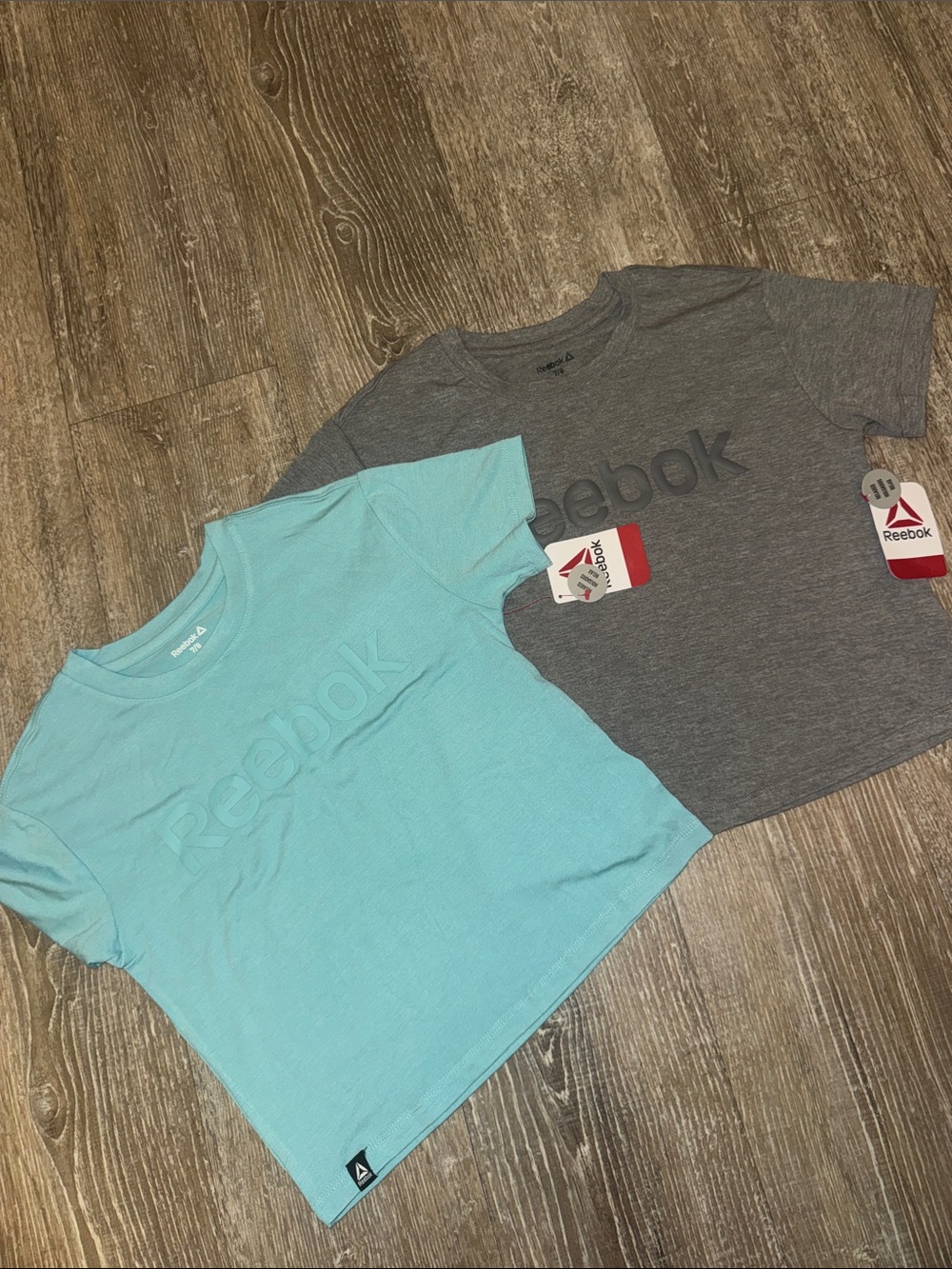 Reebok Cropped Short Sleeve Logo Tees in Aqua and Gray for girls